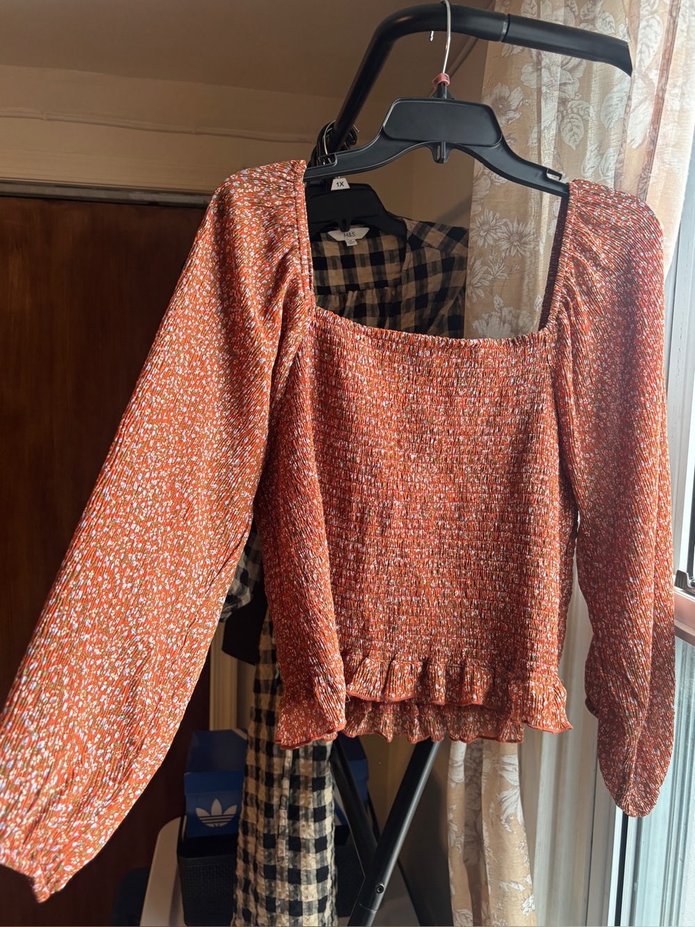 PAPER CRANE Rust Orange Floral Smocked Square Neck Balloon Sleeve Peasant Top 2X
